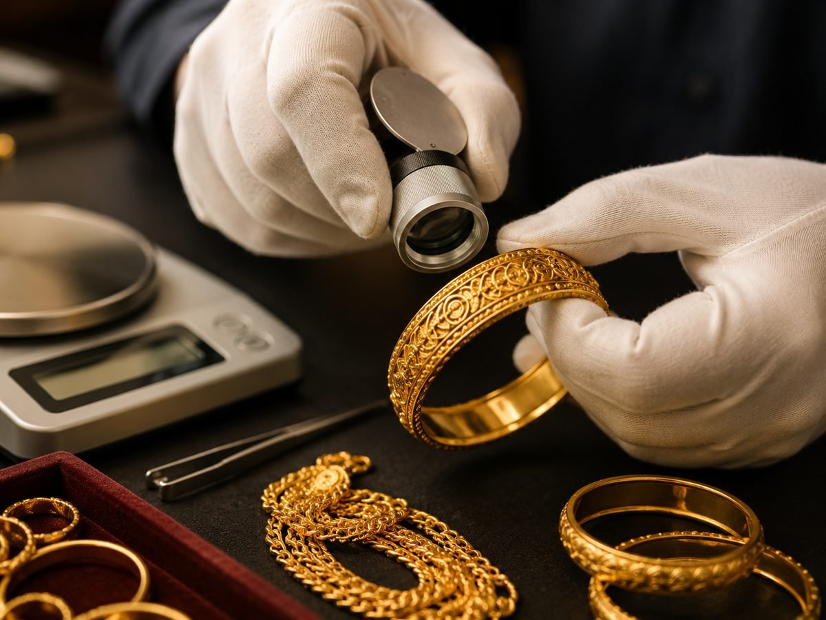 Close inspection of gold jewellery purity (illustrative image)